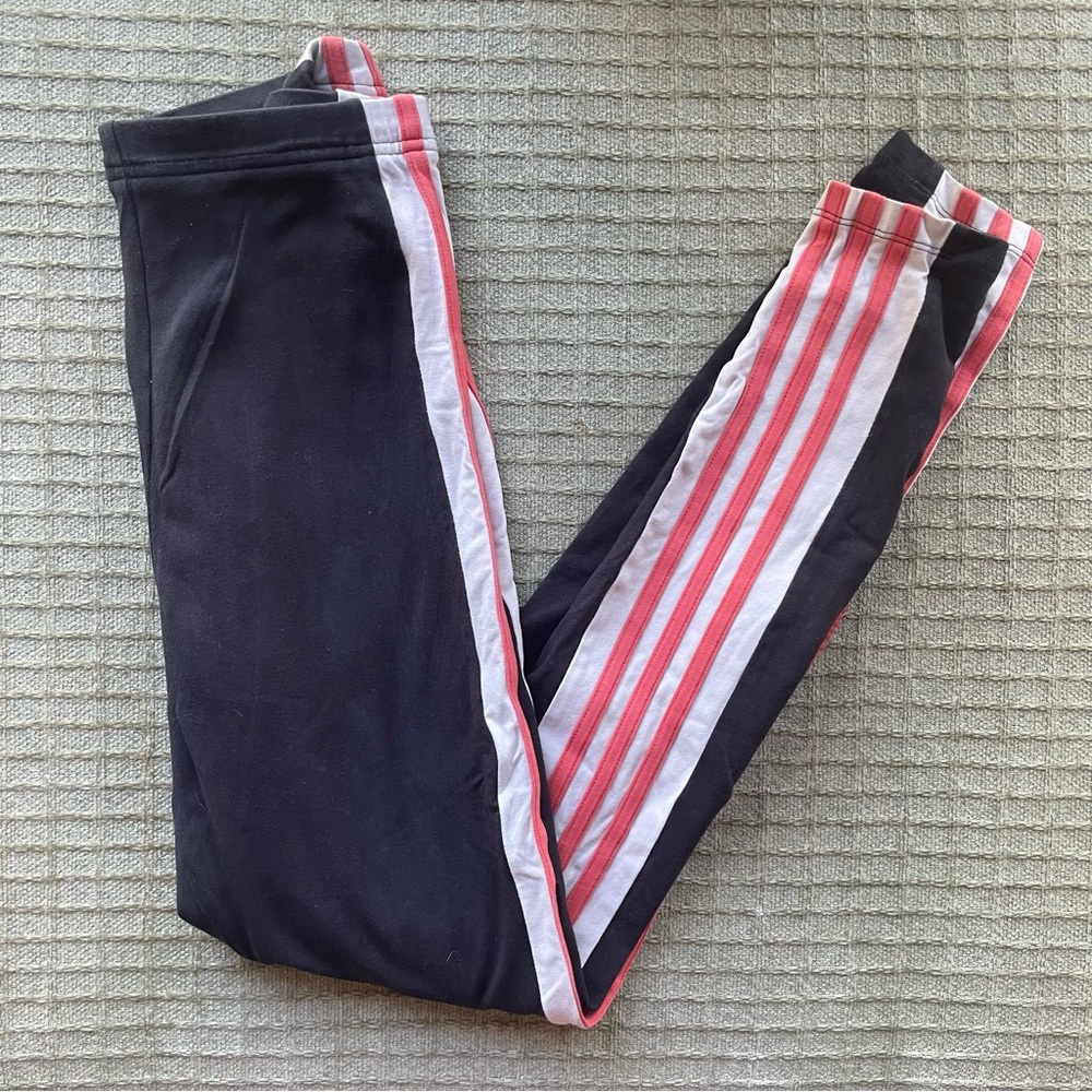 SOLD Adidas Black Leggings with Pink and White Stripes size Small.